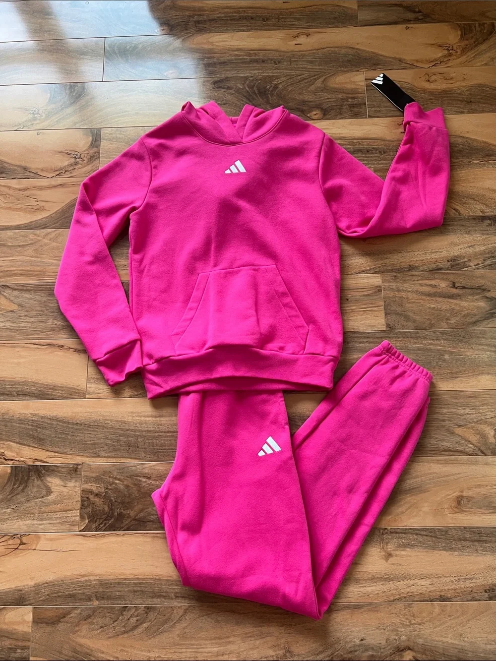 Adidas Girls Sweatsuit Jogger Set Large 14 Neon Pink Hoodie 2 Pc NWT Youth